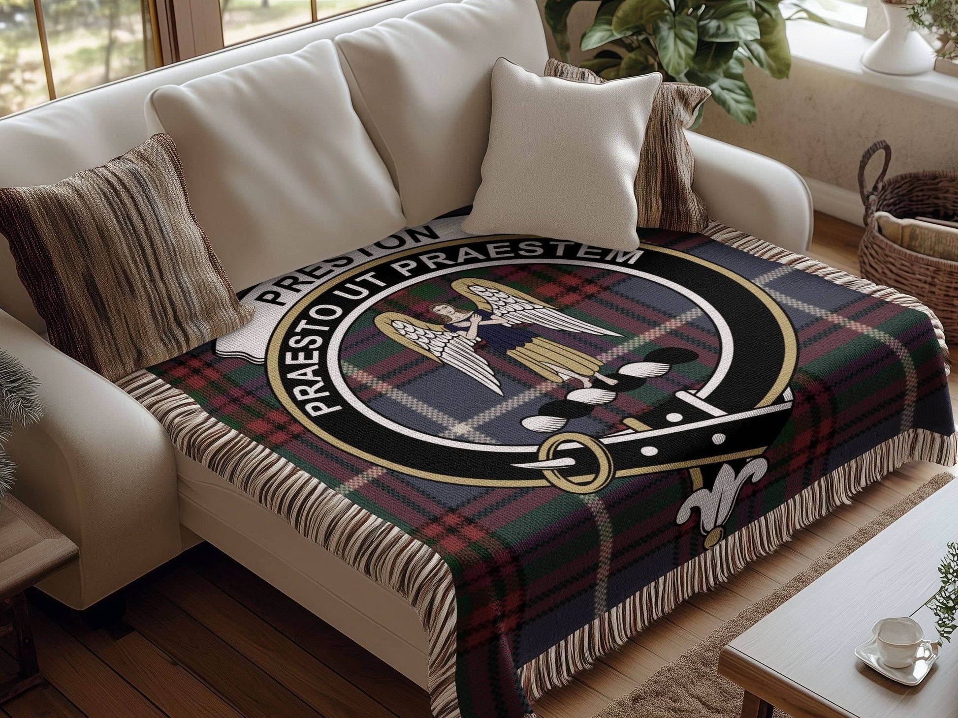 Preston Clan Crest Tartan Scottish woven blanket - Celtic Ancestry Gifts