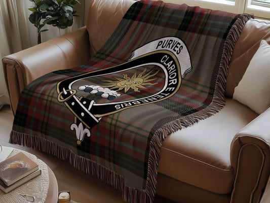Purves Clan Crest Tartan Scottish Heritage Woven Blanket - Celtic Ancestry Gifts