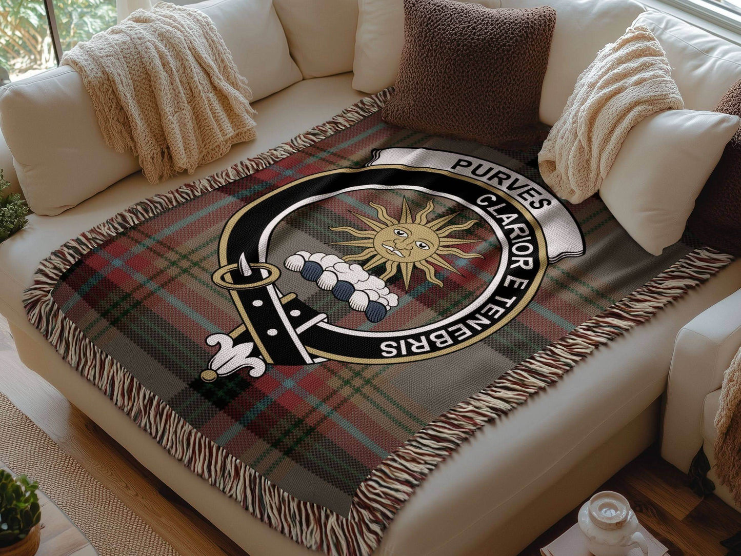 Purves Clan Crest Tartan Scottish Heritage Woven Blanket - Celtic Ancestry Gifts