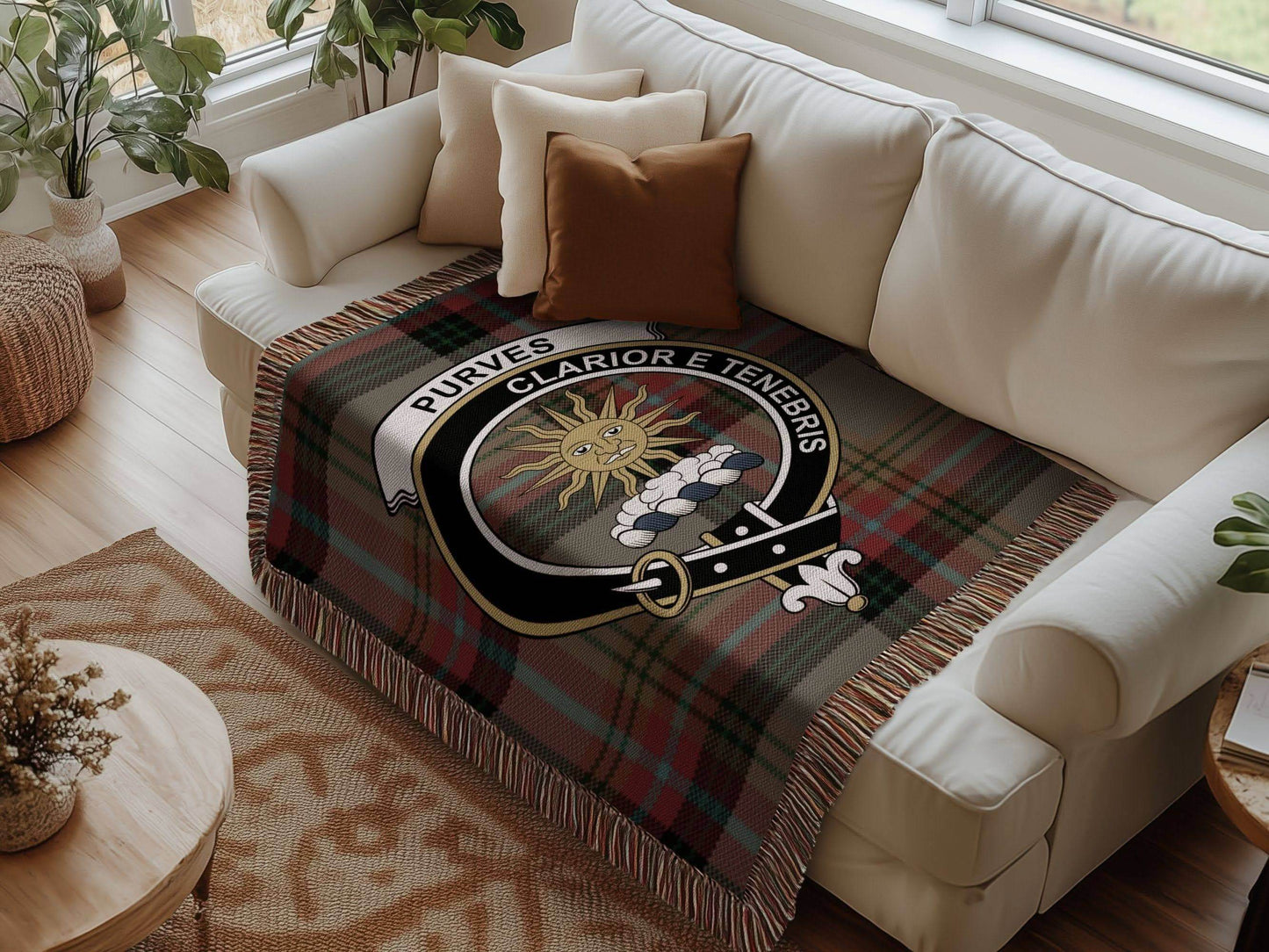 Purves Clan Crest Tartan Scottish Heritage Woven Blanket - Celtic Ancestry Gifts