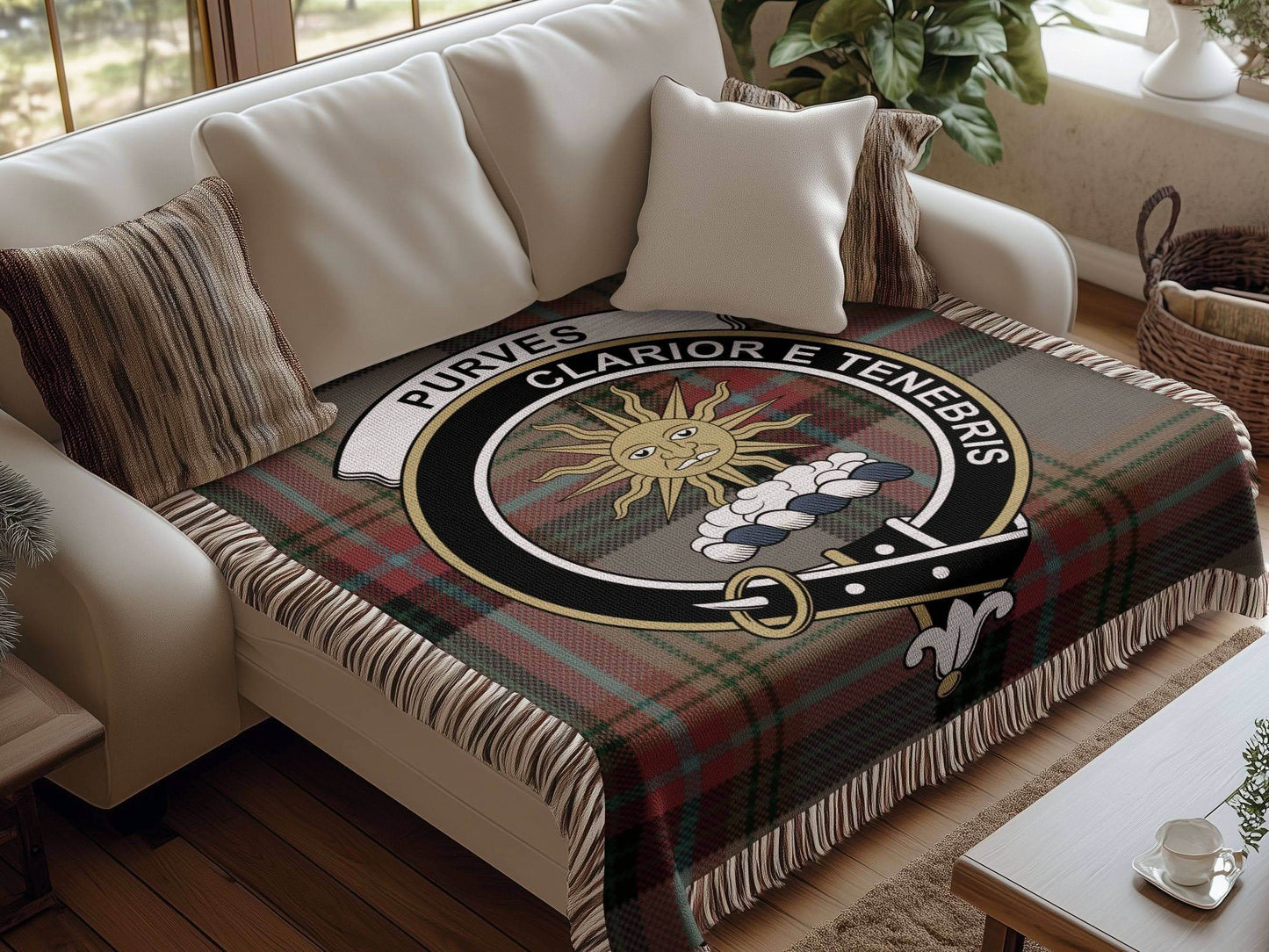 Purves Clan Crest Tartan Scottish Heritage Woven Blanket - Celtic Ancestry Gifts