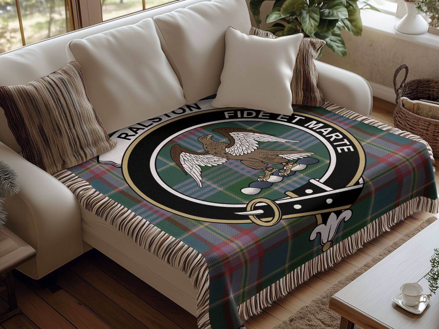 Ralston Clan Crest Tartan Scottish Woven Blanket - Celtic Ancestry Gifts