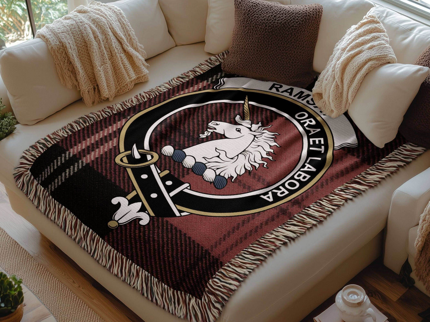 Ramsay Clan Crest Tartan Scottish Heritage Woven Blanket - Celtic Ancestry Gifts
