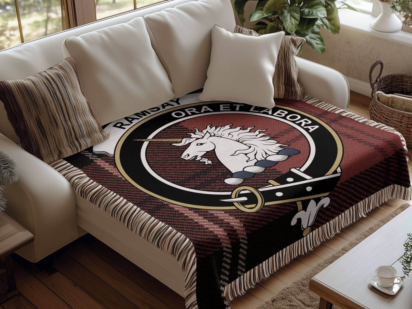 Ramsay Clan Crest Tartan Scottish Heritage Woven Blanket - Celtic Ancestry Gifts