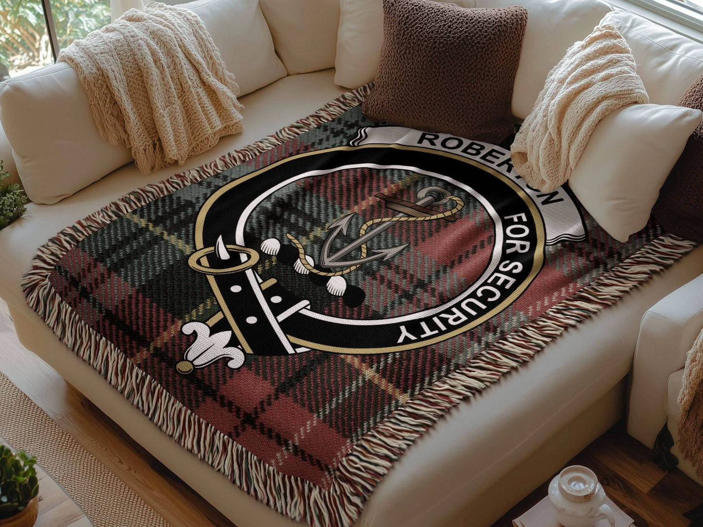 Roberton Clan Crest Tartan Scottish Woven Blanket - Celtic Ancestry Gifts