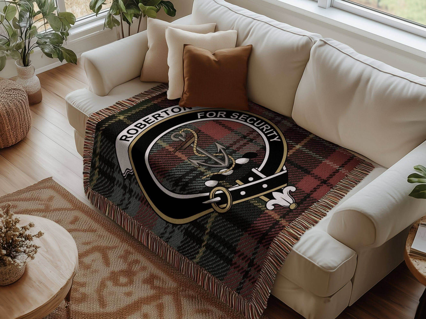 Roberton Clan Crest Tartan Scottish Woven Blanket - Celtic Ancestry Gifts
