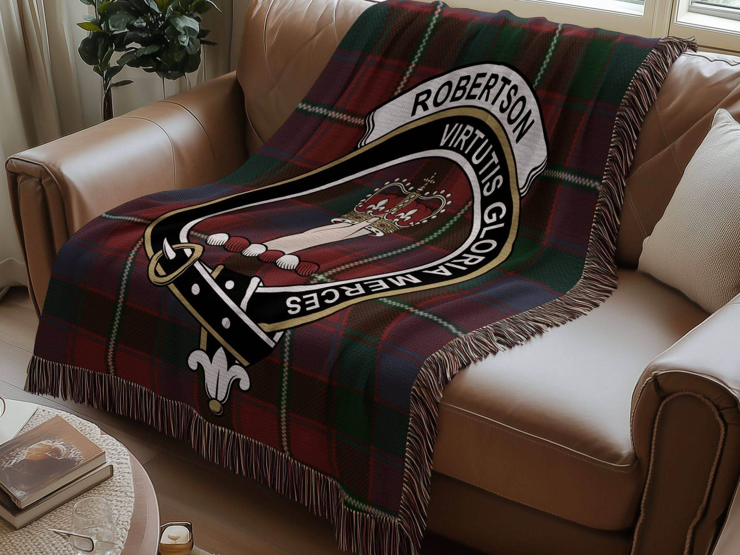Robertson Clan Crest Tartan Scottish Woven Blanket - Celtic Ancestry Gifts