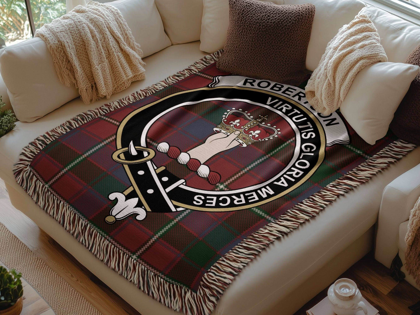 Robertson Clan Crest Tartan Scottish Woven Blanket - Celtic Ancestry Gifts