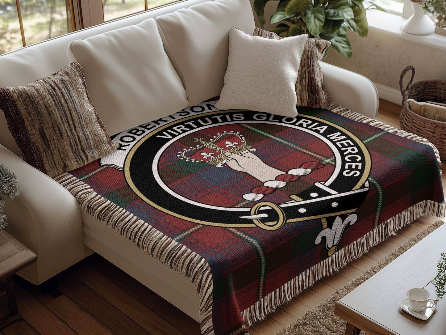 Robertson Clan Crest Tartan Scottish Woven Blanket - Celtic Ancestry Gifts