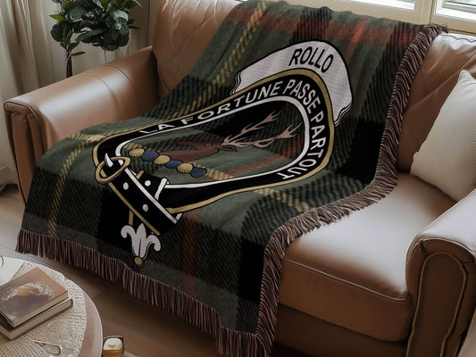 Rollo Clan Crest Tartan Scottish Woven Blanket - Celtic Ancestry Gifts