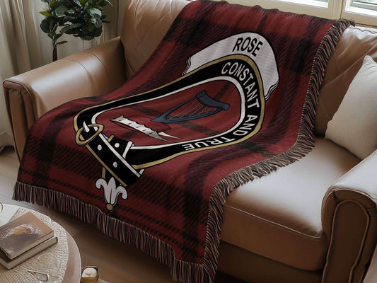 Rose Clan Crest Tartan Plaid Scottish Woven Blanket - Celtic Ancestry Gifts