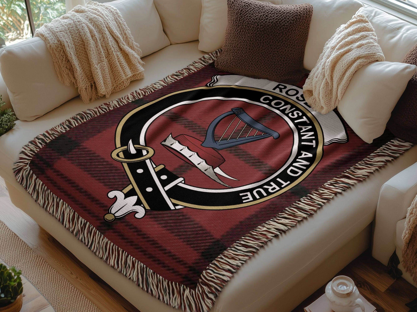 Rose Clan Crest Tartan Plaid Scottish Woven Blanket - Celtic Ancestry Gifts