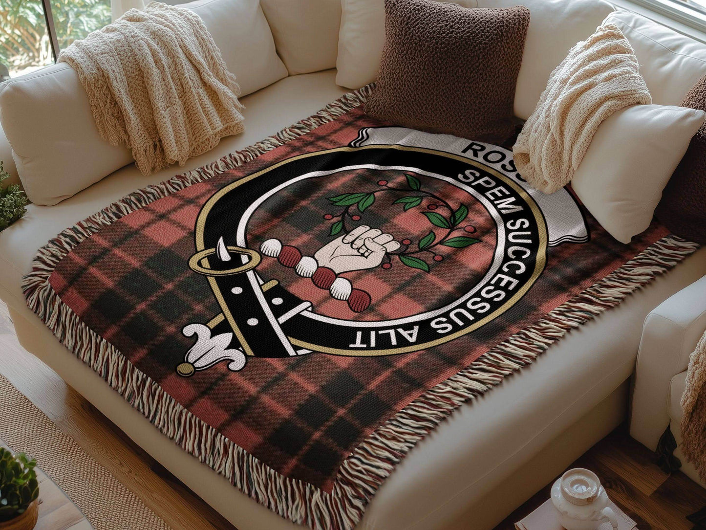 Ross Clan Crest Tartan Scottish Woven Blanket - Celtic Ancestry Gifts