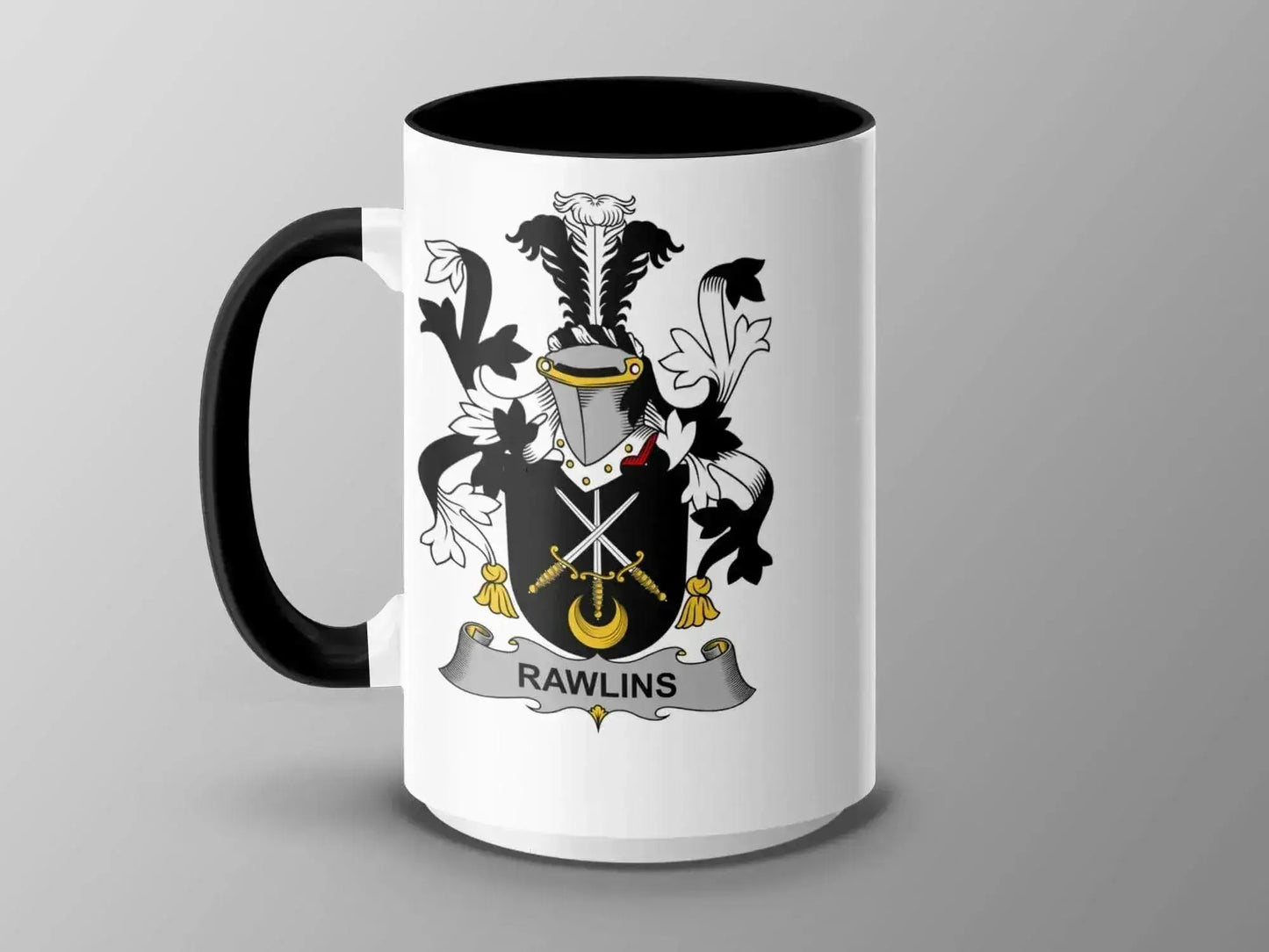 White mug with black handle and interior featuring Rawlins family crest coat of arms design