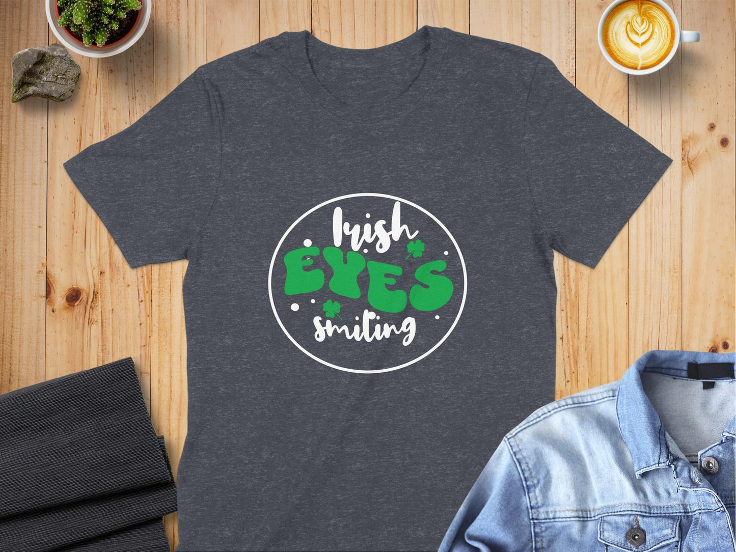 S / Dark Heather Fun Green Graphic Eyes and Clovers T-Shirt
