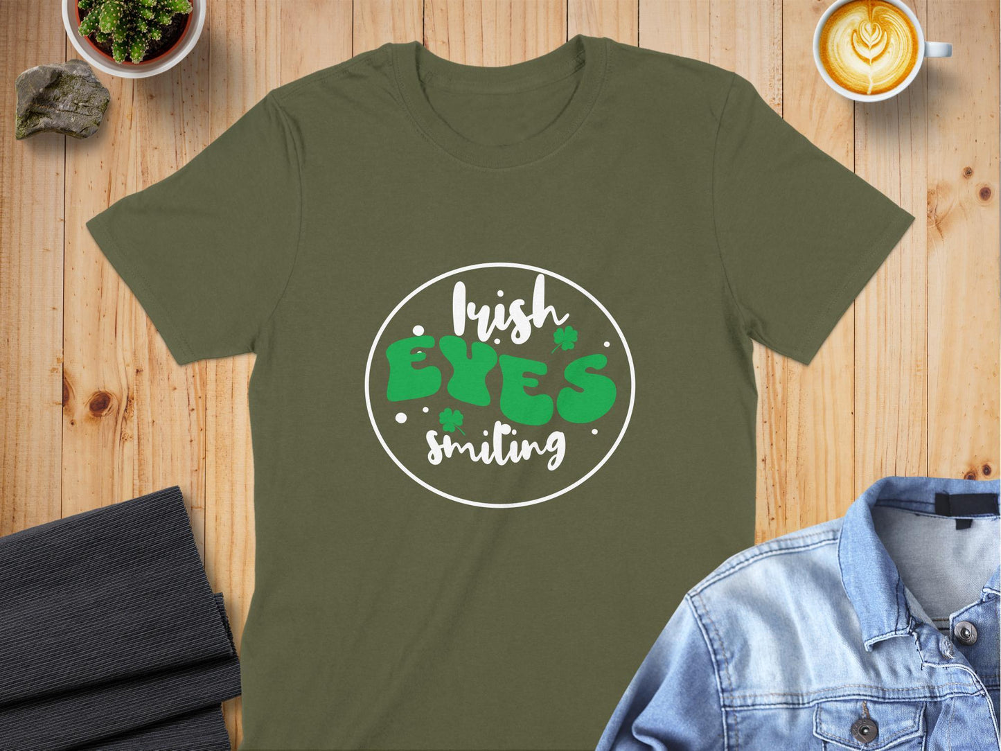 S / Military Green Fun Green Graphic Eyes and Clovers T-Shirt