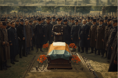 Historical illustration of Pádraig Pearse delivering the graveside oration at O’Donovan Rossa’s funeral in Glasnevin Cemetery on 1 August 1915
