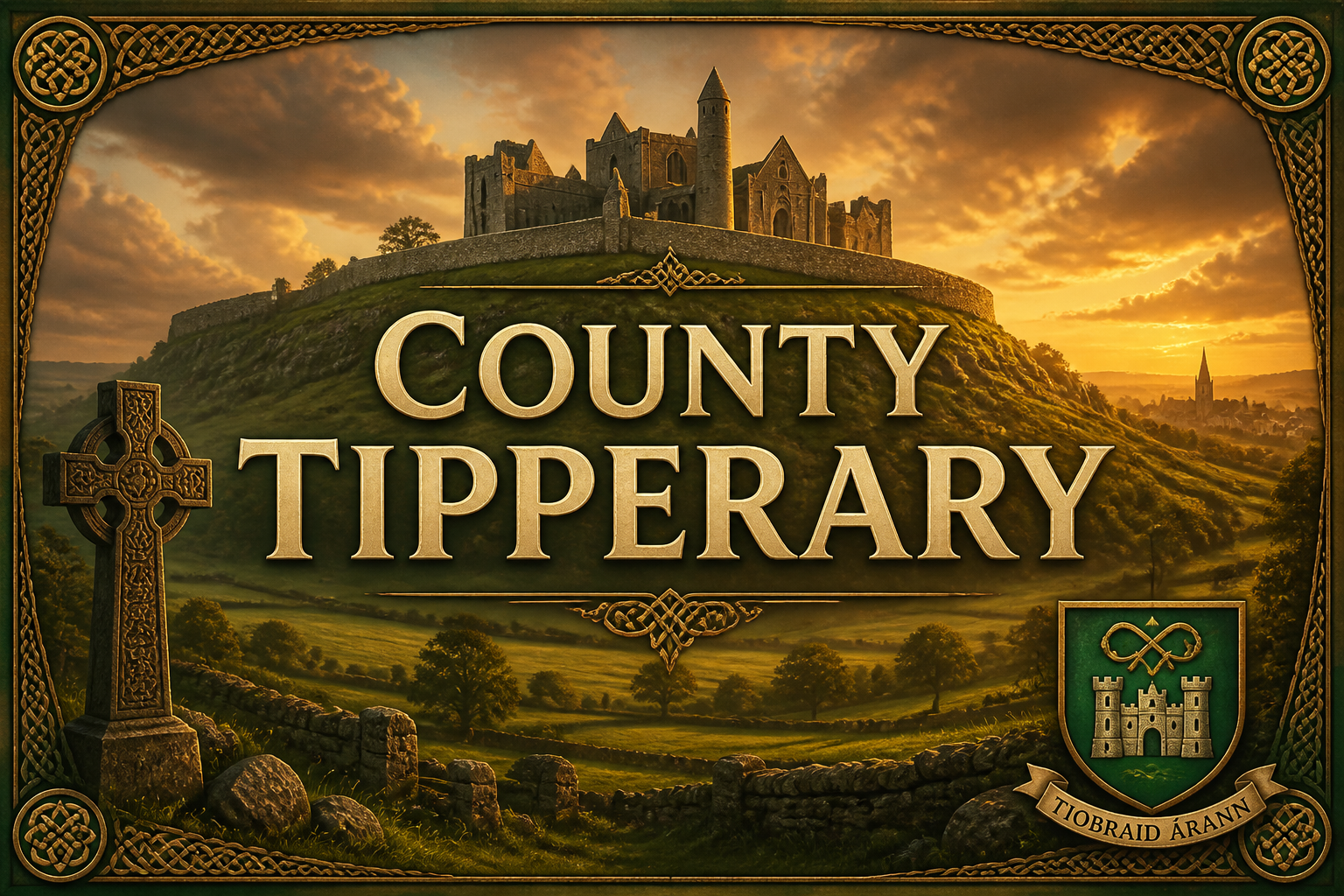 Rock of Cashel fortress on the hill at golden sunset with Celtic cross and stone walls, County Tipperary, Ireland — Celtic Ancestry Gifts