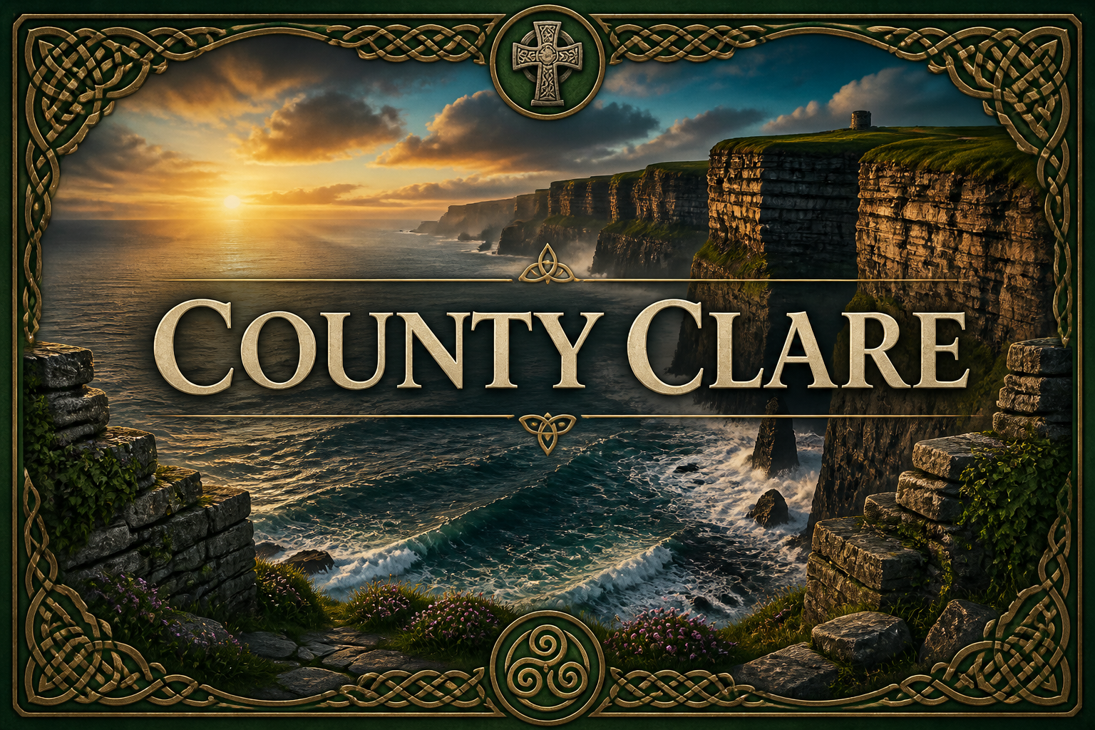 Cliffs of Moher rising above the Atlantic at sunset with stone walls and Celtic cross, County Clare, Ireland — Celtic Ancestry Gifts