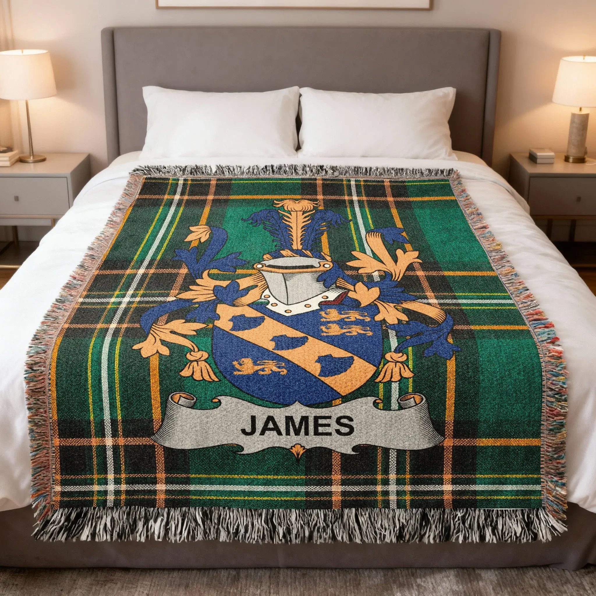 James Irish family crest woven blanket on Irish national tartan