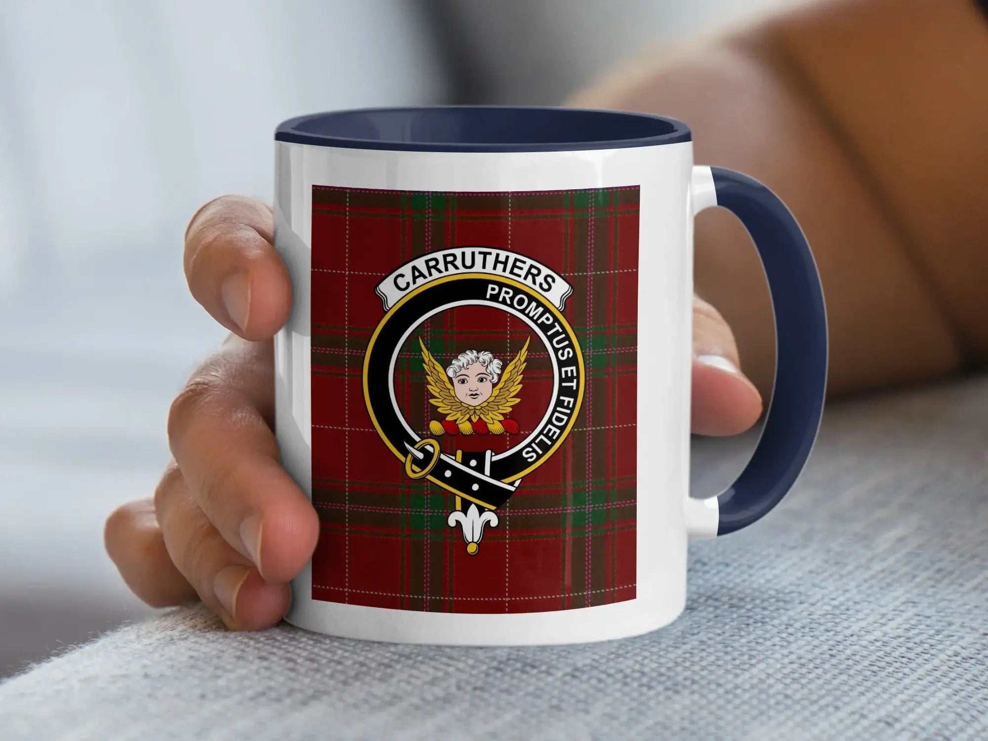 Carruthers clan Scottish tartan mug representing Dumfriesshire heritage and the motto Promptus et Fidelis
