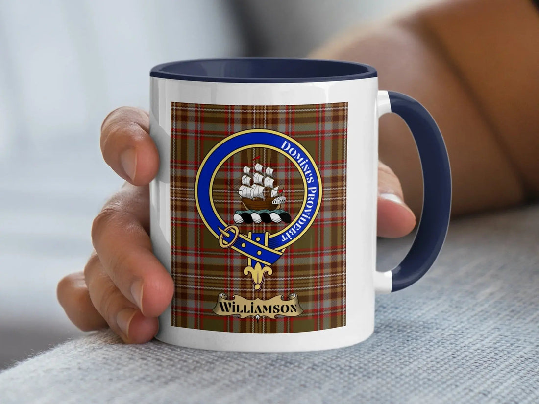 Williamson family crest mug on a tartan background, a Scottish heritage gift for a Shetland and Northern Isles patronymic surname