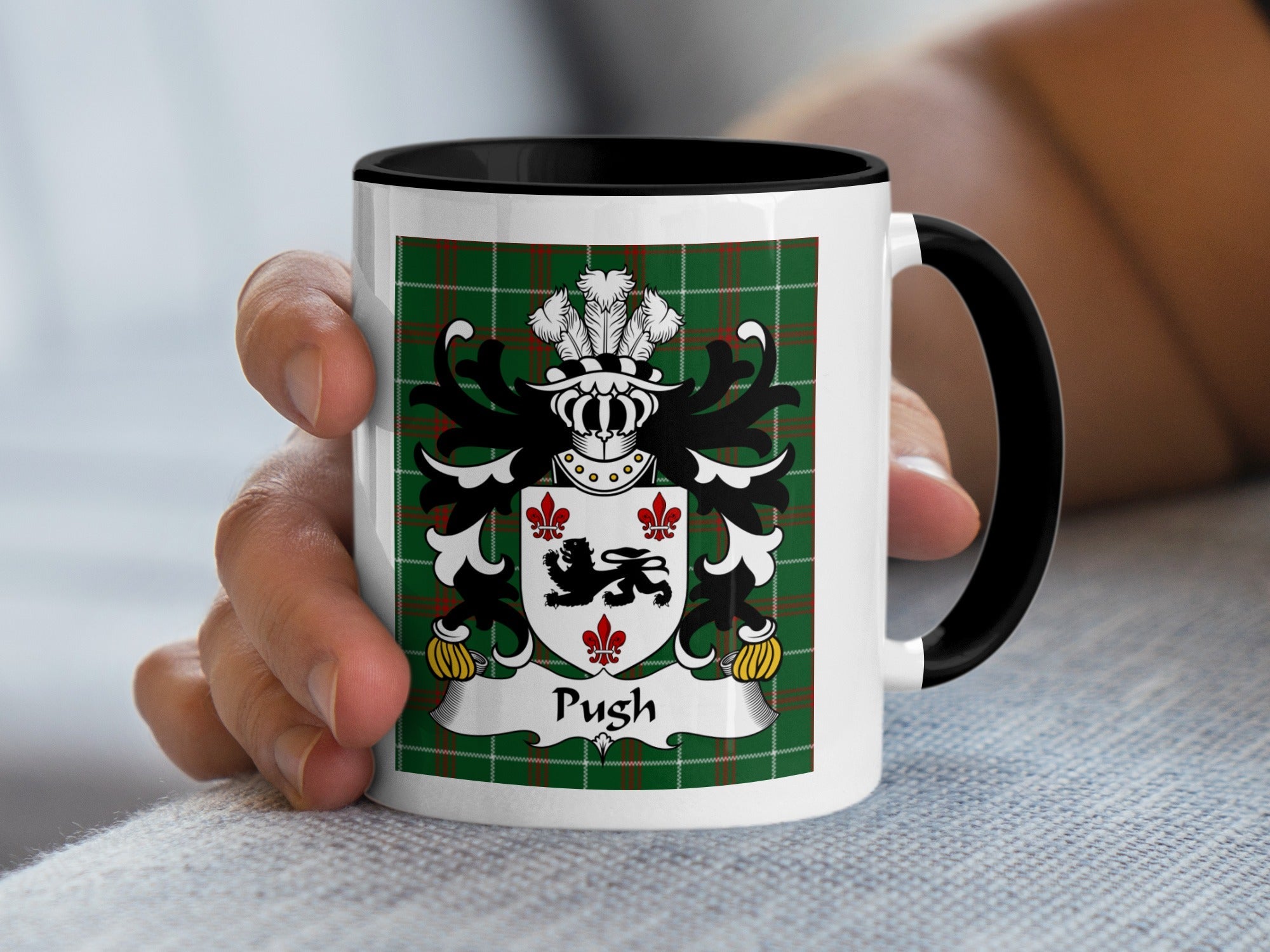 Pugh Welsh Coat of Arms Accent Mug with black handle on Welsh National Tartan – family heritage gift