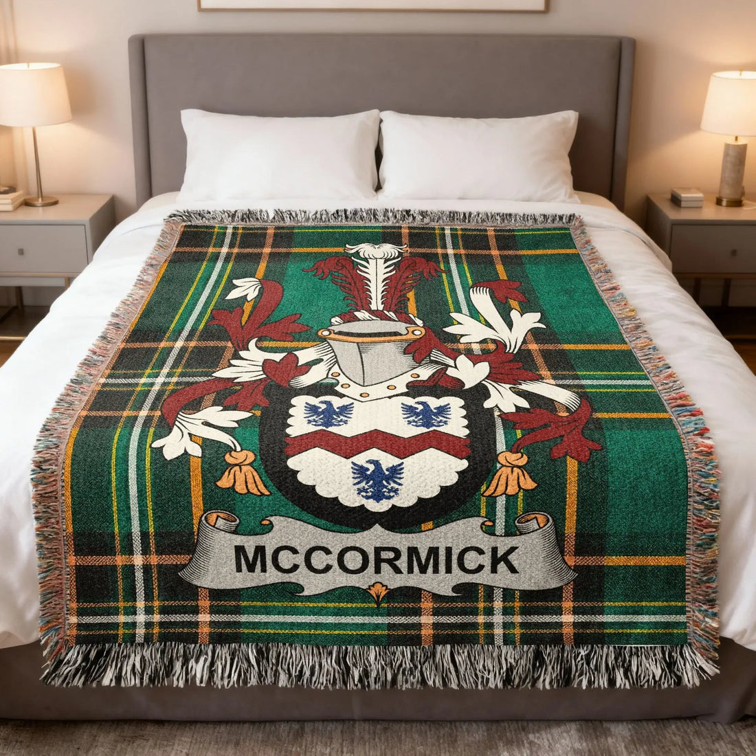 McCormick Irish family crest woven blanket in the Irish national tartan