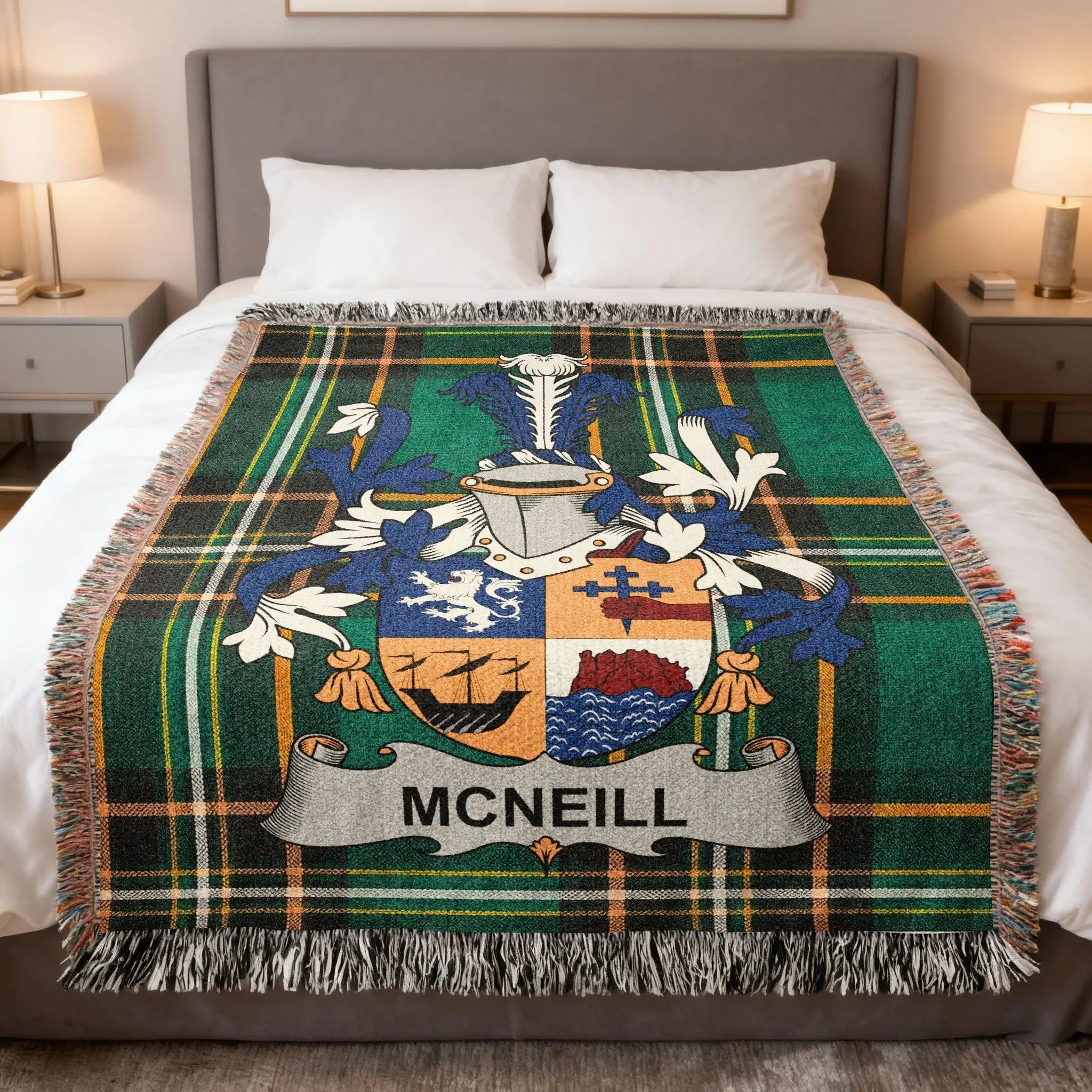 McNeill Irish heritage woven blanket — celebrating the Mac Niall origins and Antrim heritage of the McNeill family