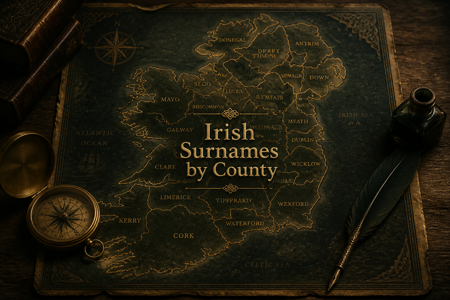 Antique gold-lined map of Ireland showing county names with a brass compass and quill, illustrating Irish surnames by county