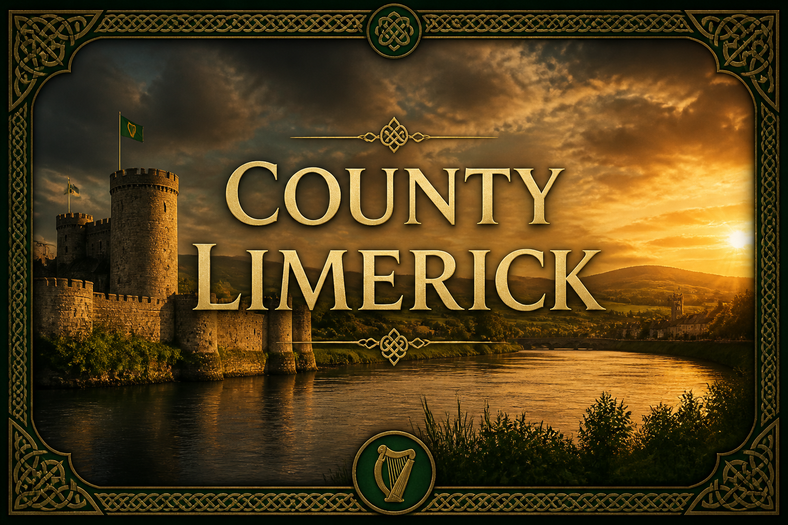 King John's Castle on the River Shannon at golden sunset with rolling hills and tower in the distance, County Limerick, Ireland — Celtic Ancestry Gifts