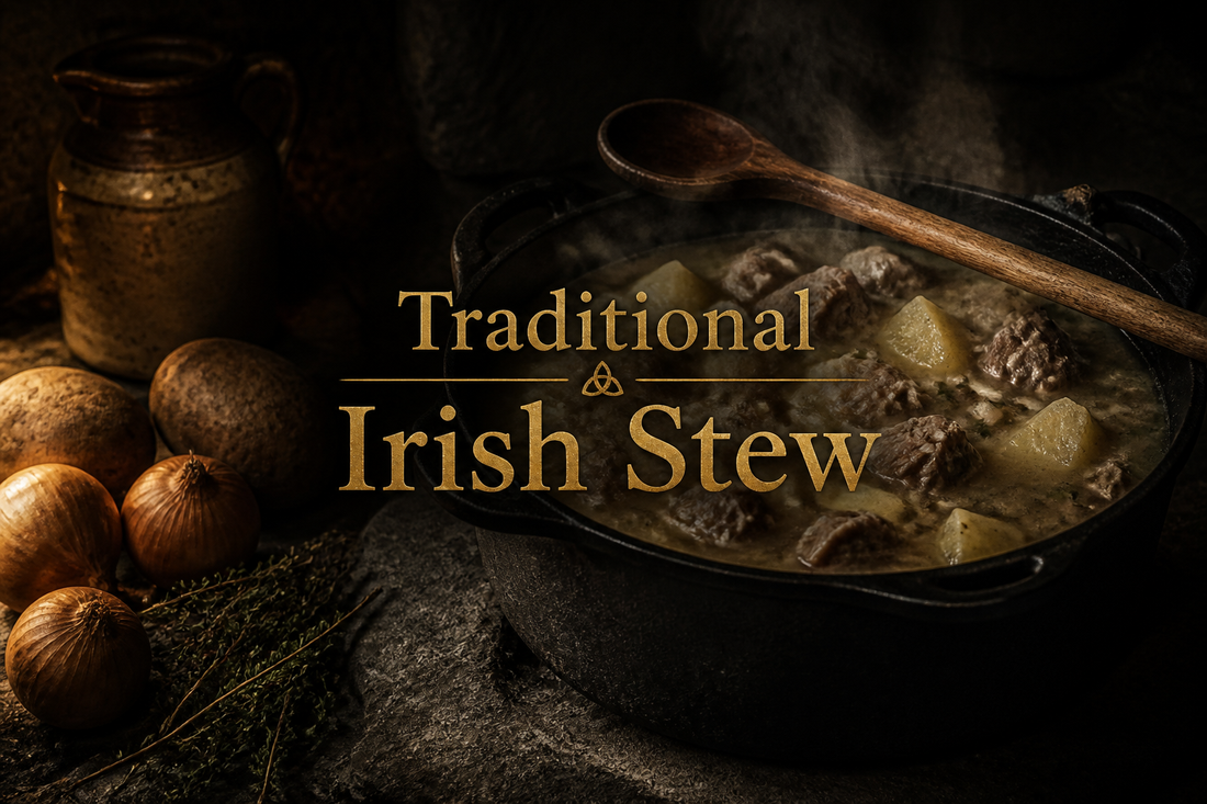 Cast-iron pot of pale lamb and potato stew steaming on dark stone with onions and thyme, hearty scene of traditional Irish stew