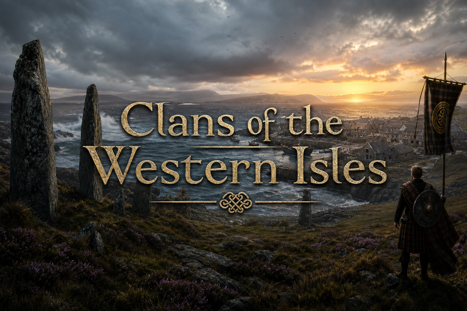 Western Isles Scottish clan heritage scene with Hebridean coastline, standing stones, Gaelic culture, and island surnames