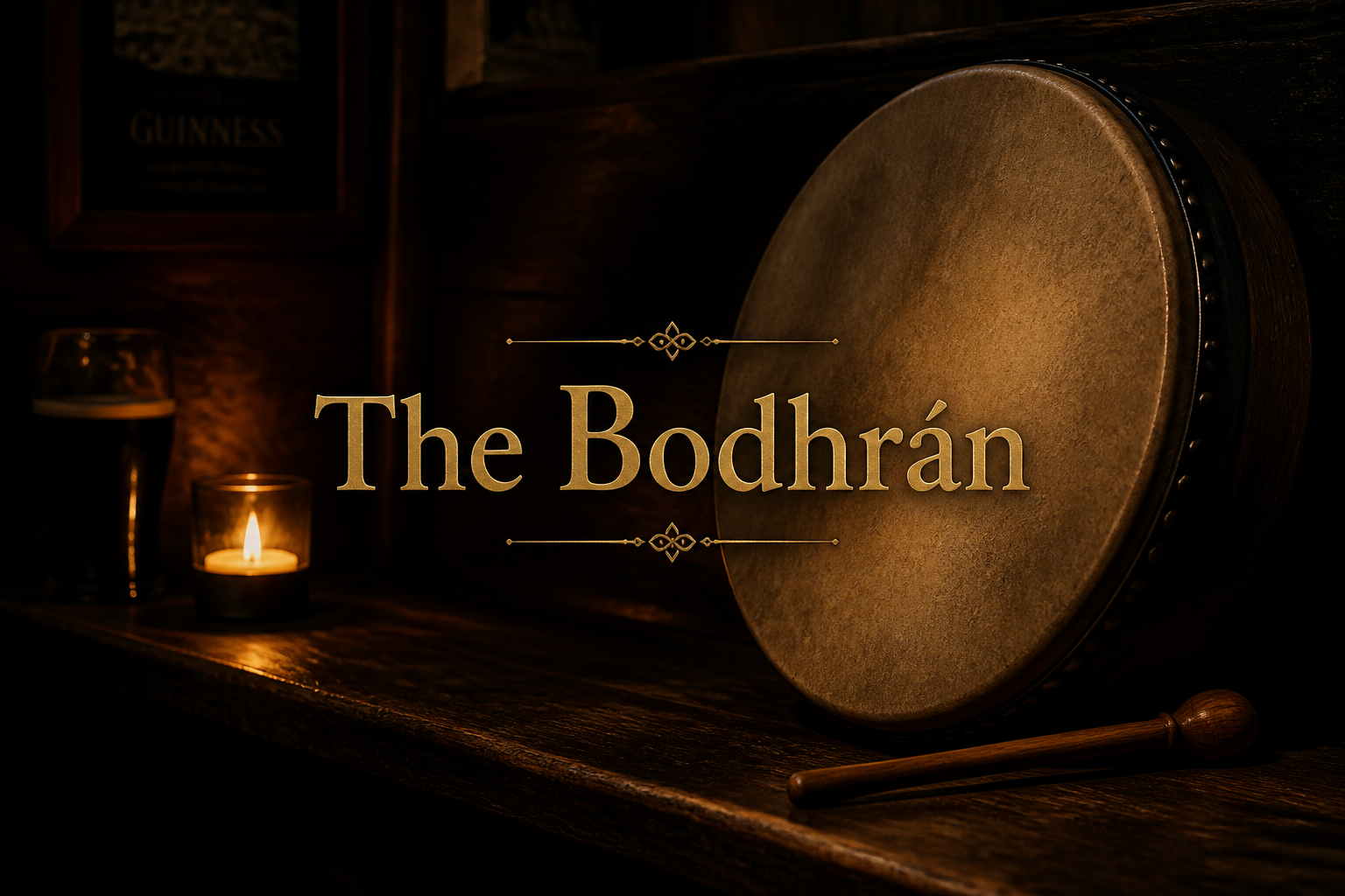 Goatskin bodhrán and wooden tipper on a candlelit pub bench beside a stout glass, illustrating the Irish frame drum