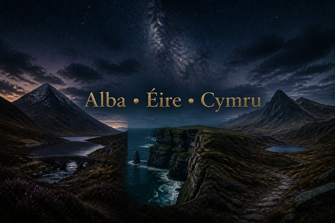 Panorama blending a Highland glen, Irish sea cliffs and Welsh peaks under a starry sky, evoking the Celtic nations' own names