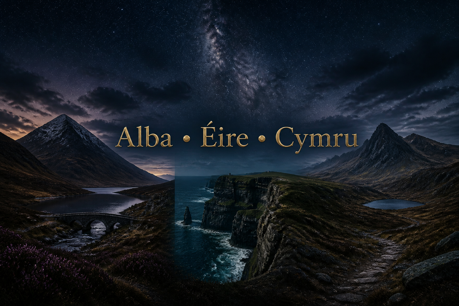 Panorama blending a Highland glen, Irish sea cliffs and Welsh peaks under a starry sky, evoking the Celtic nations' own names