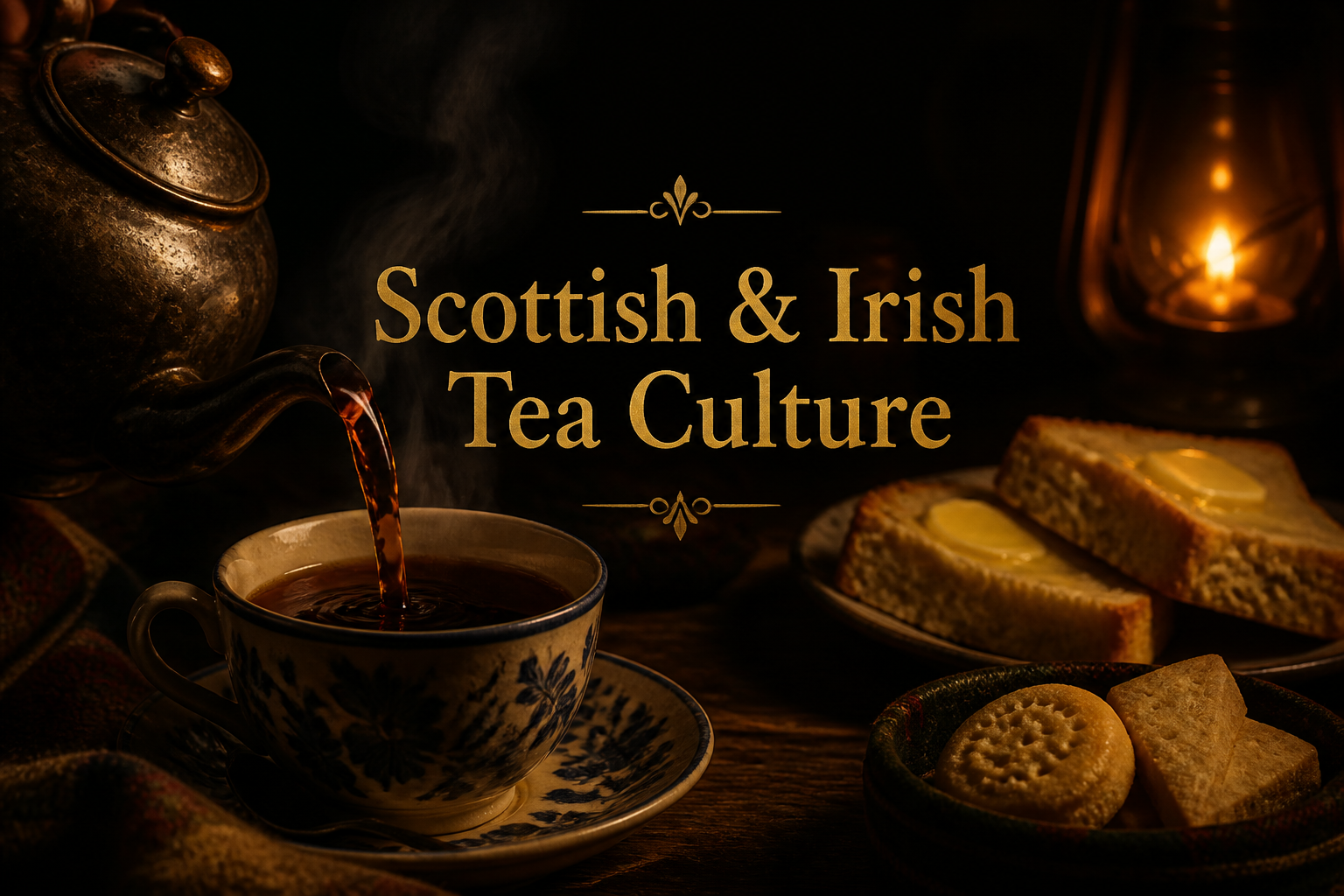 Teapot pouring dark tea into a patterned cup with buttered bread and shortbread by lantern light, Scottish and Irish tea culture