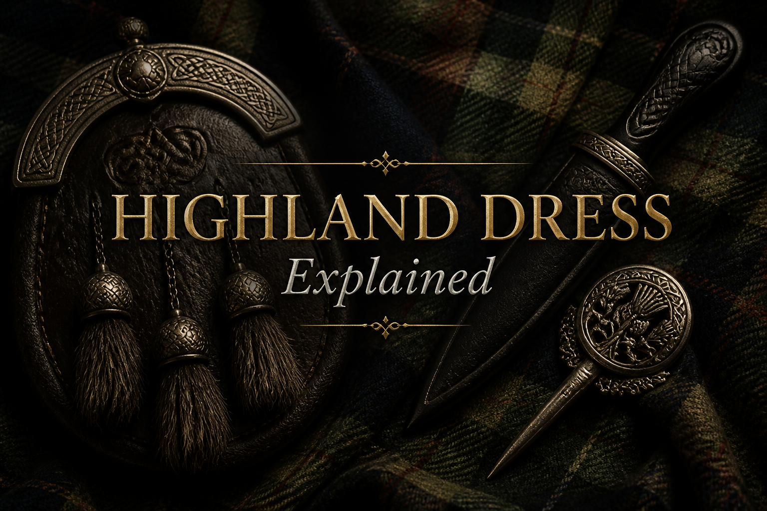 A leather sporran, sgian-dubh and thistle kilt pin arranged on tartan cloth, the essentials of Highland dress