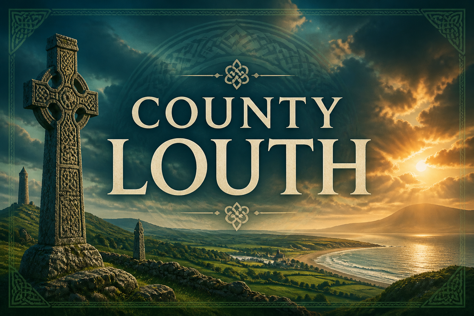Celtic cross and round tower on hillside above a coastal bay at dramatic sunset, County Louth, Ireland — Celtic Ancestry Gifts