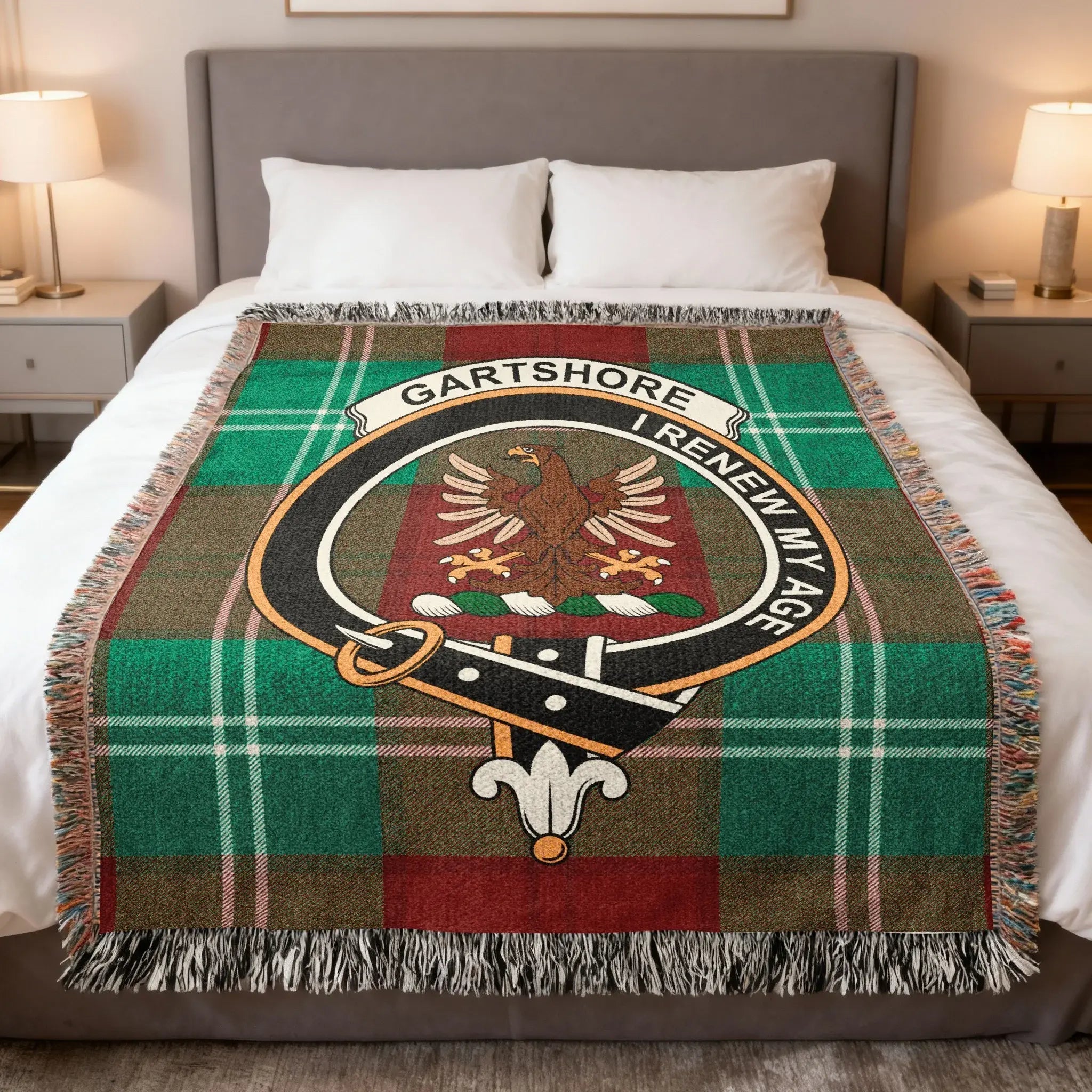 Garthshore family crest woven blanket on a tartan background, a Scottish keepsake using the rare h spelling of the name