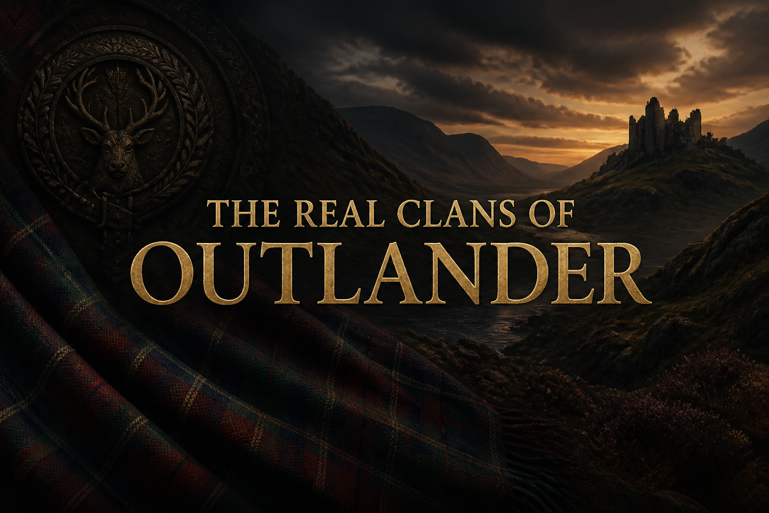 A carved stag's-head clan emblem on tartan beside a Highland glen at dusk with a castle ruin, evoking the real clans behind Outlander