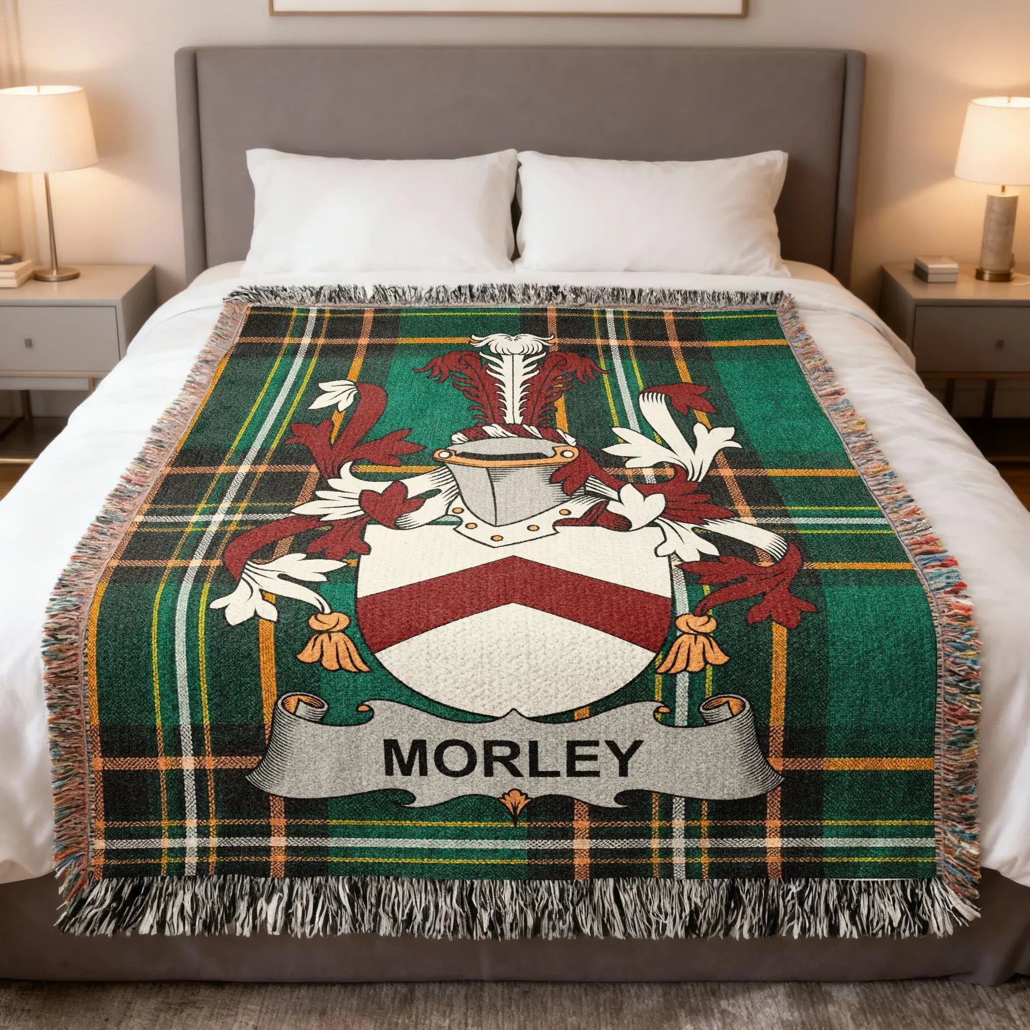 Morley family woven blanket with a family crest on Irish tartan, celebrating Morley English and Mayo Gaelic heritage