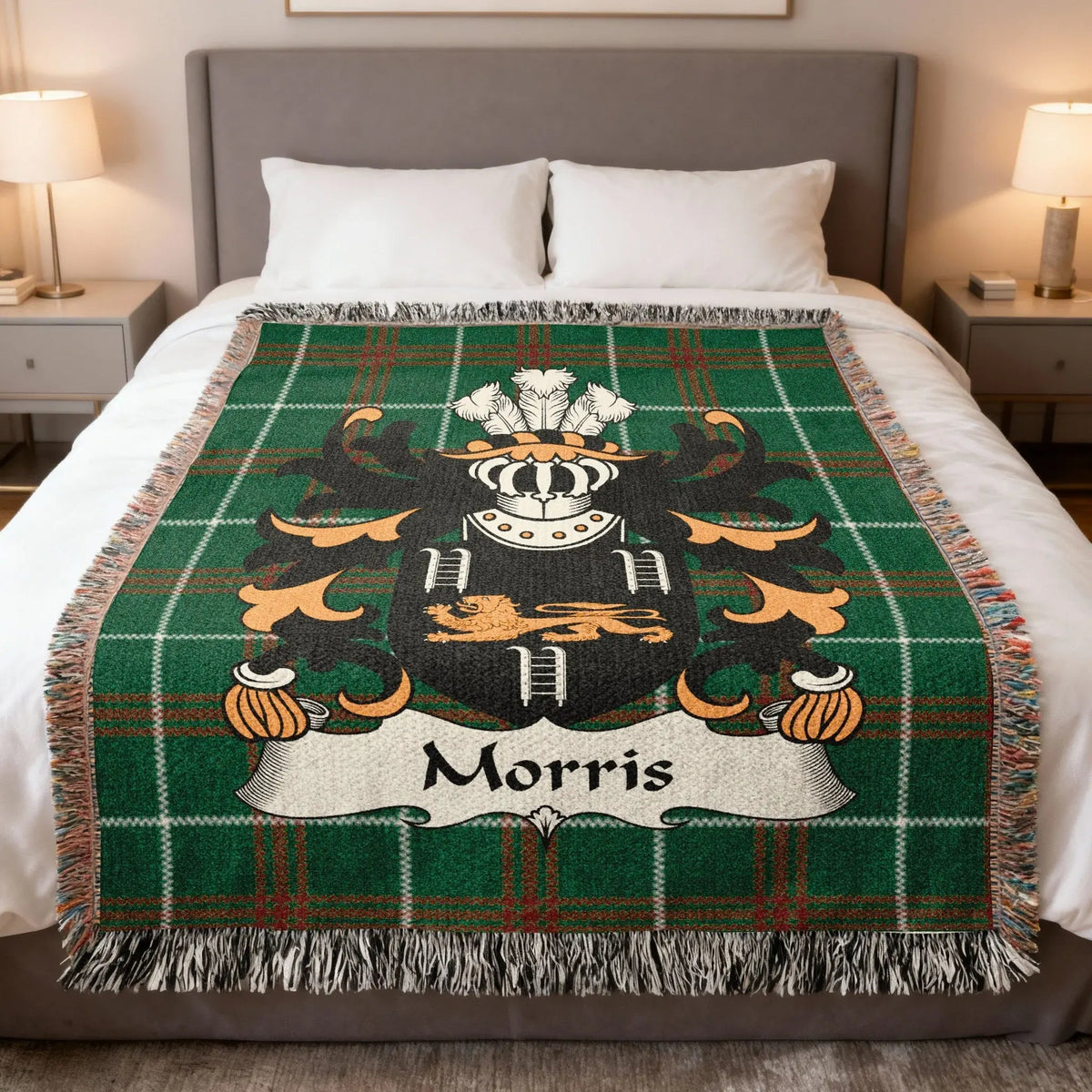 Morris Welsh family crest-style artwork on a woven blanket with Welsh tartan-inspired background