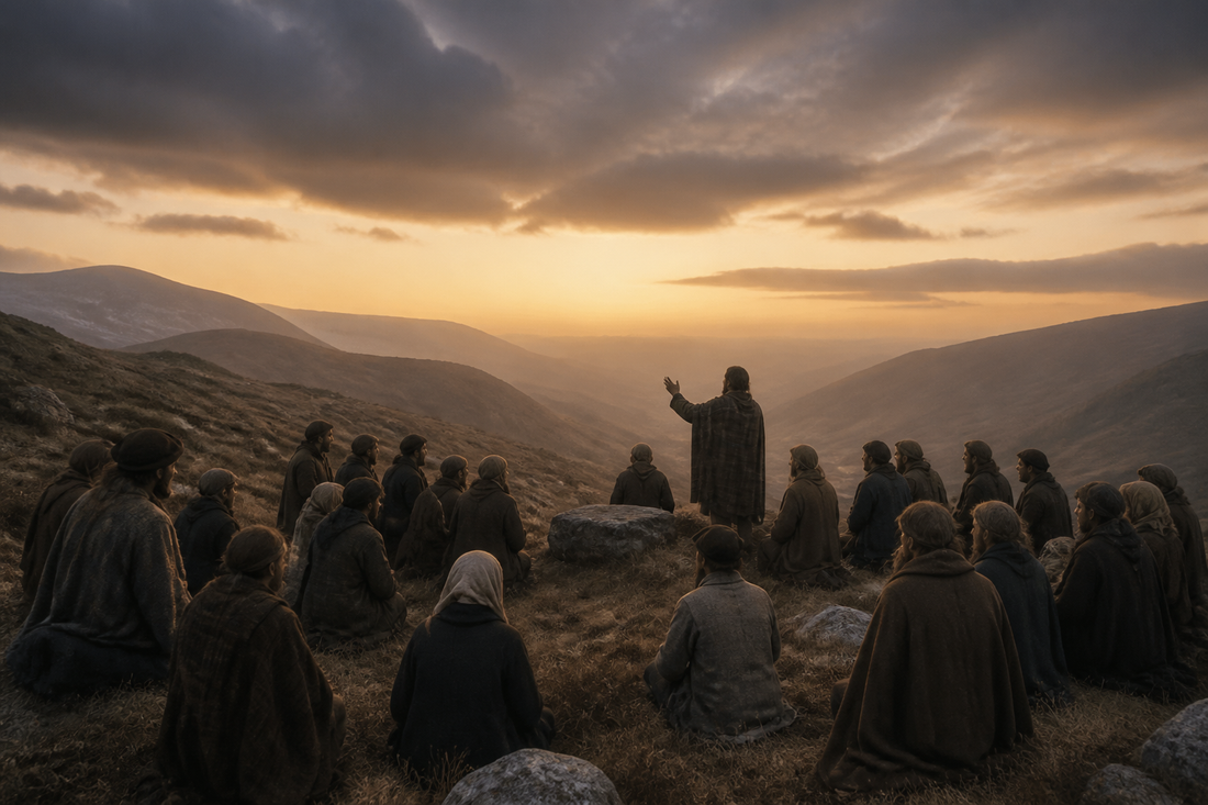 An open-air Covenanter conventicle on a Scottish moor, evoking the Killing Time of the 1680s.