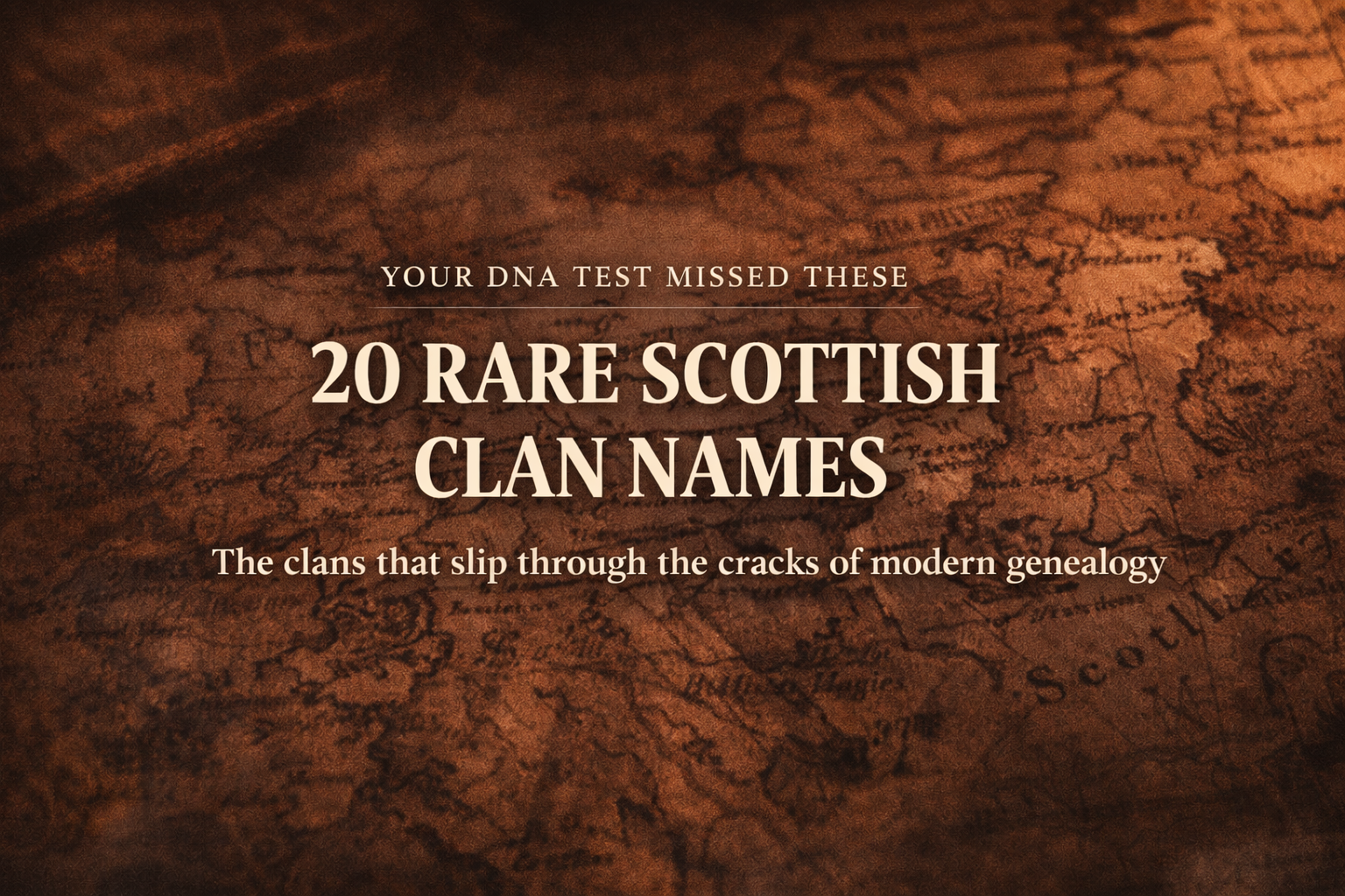 Aged parchment with warm candlelight tones and the text '20 Rare Scottish Clan Names' centred over the image