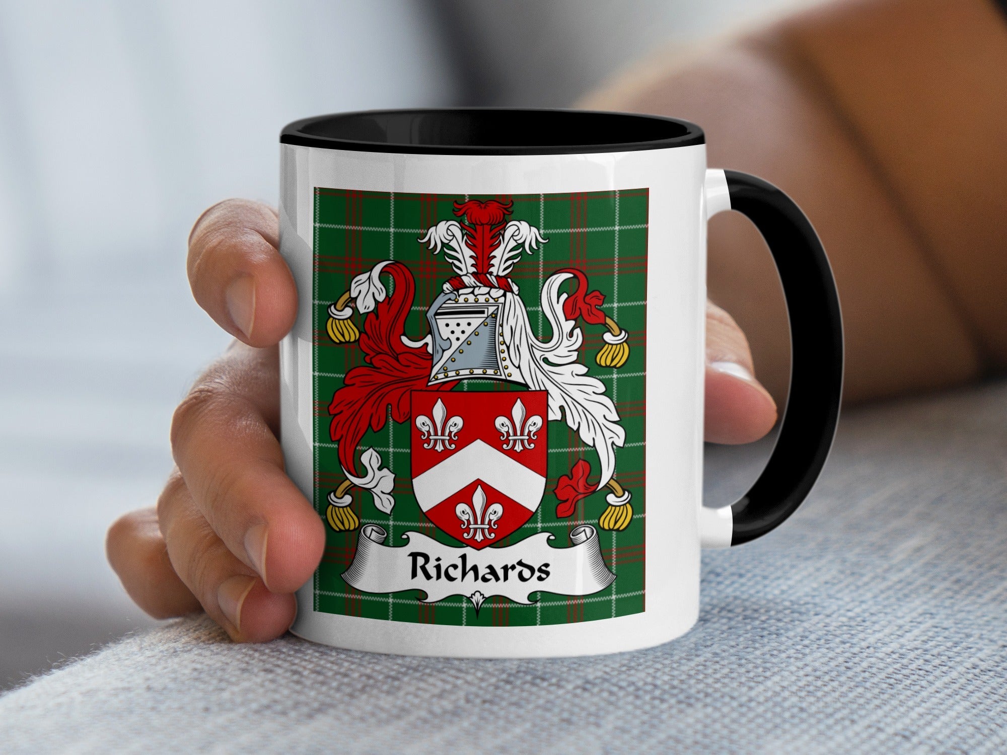 Richards Welsh Coat of Arms Accent Mug with black rim and family crest on Welsh National Tartan – family heritage gift