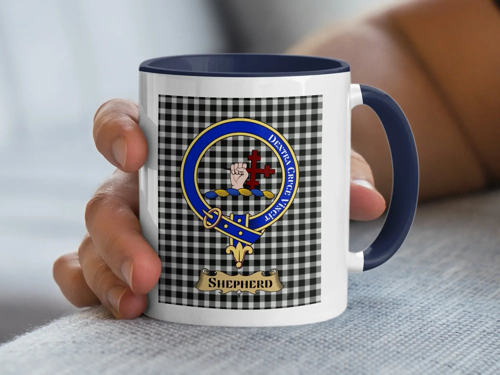 Shepherd family crest mug on a tartan background, a Scottish heritage keepsake for an occupational surname