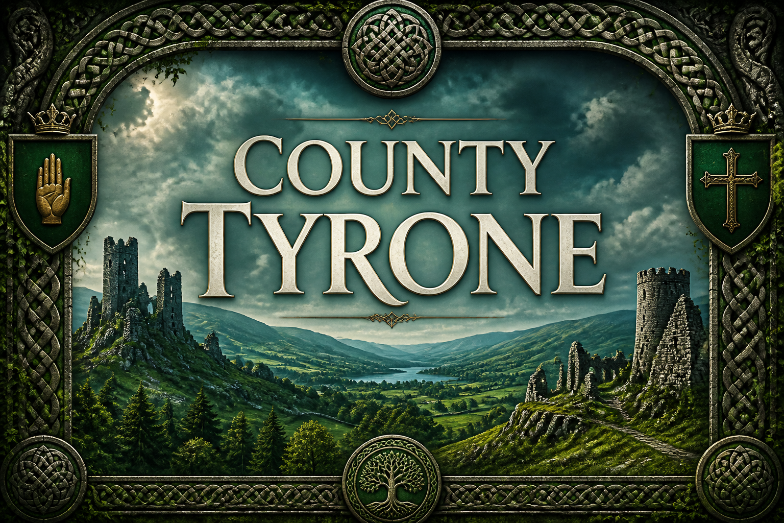 Ancient castle towers and ruins on wooded hills above a lough with Celtic knotwork shields, County Tyrone, Ireland — Celtic Ancestry Gifts