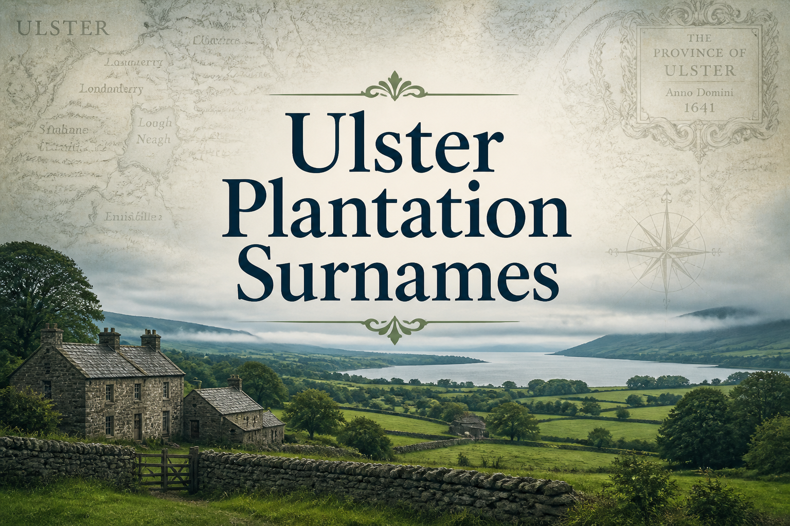 Rolling green farmland divided by ancient stone walls in County Down, Ulster, the landscape settled by Scottish and English plantation families from 1610 onward — Celtic Ancestry Gifts