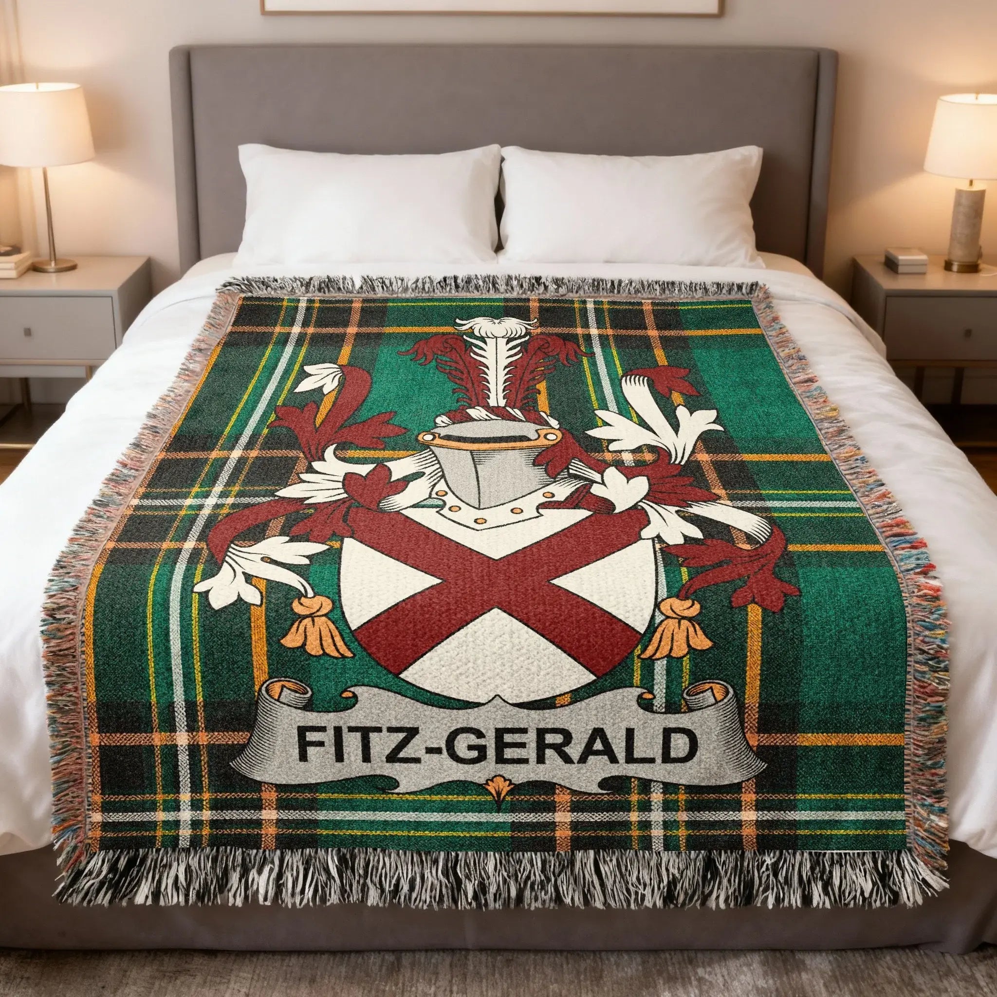 Fitzgerald family gifts - FitzGerald family crest woven blanket on tartan background, Earls of Kildare and Desmond heritage gift collection
